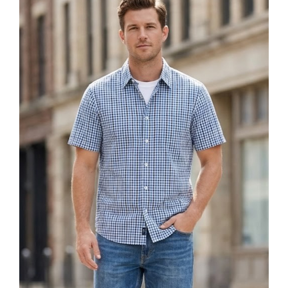 Gap Asher Mens Large Blue White Gingham Plaid Shirt Short Sleeve Button Down NWT